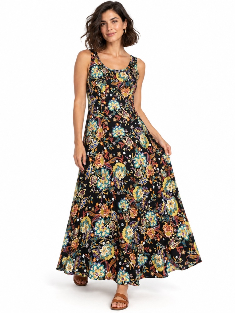 Connected Apparel Floral Maxi Dress 4P Petite Black Multicolor Sleeveless